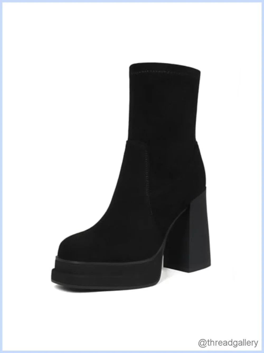 Platform Ankle Boots Chunky High Heel Square Toe Stretchy Combat Booties